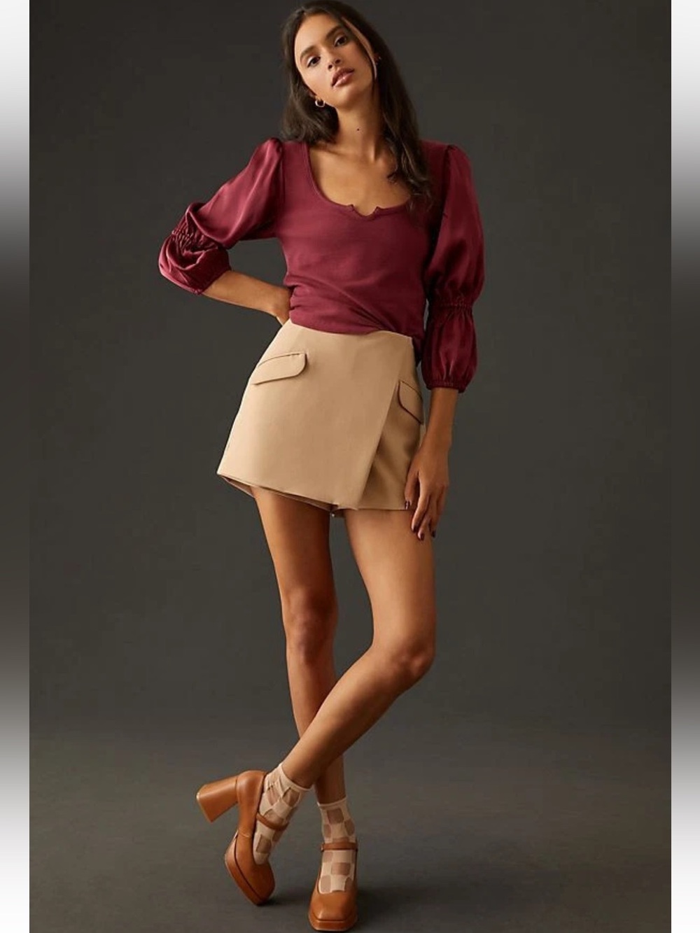 Anthropologie Maeve Burgundy Scoop-Neck Puff Sleeve Top